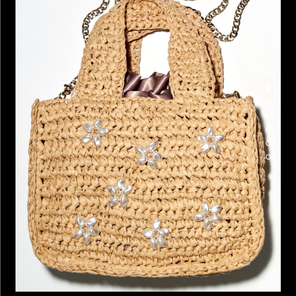 Zara straw & Pearl beaded handbag with chain